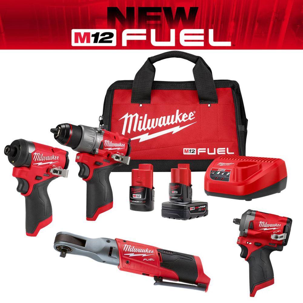 Milwaukee M12 FUEL 12-Volt Lithium-Ion Brushless Cordless Combo Kit (4-Tool) with 2 Batteries and Bag