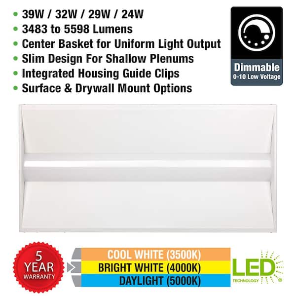2 ft. x 4 ft. Boost Center Basket Integrated LED Troffer Light 3500K 4000K 5000K 39W / 32W / 29W / 24W Dimmable