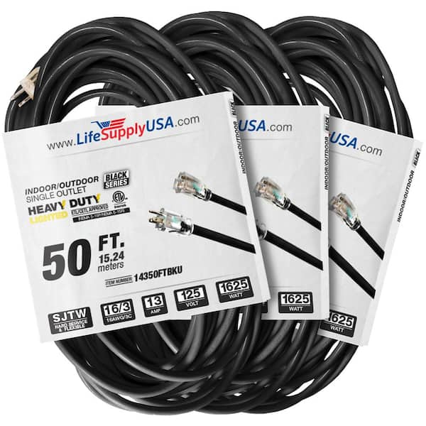 LifeSupplyUSA 50 ft. 16-Gauge/3-Conductors SJTW Indoor/Outdoor Extension Cord with Lighted End Black (3-Pack)