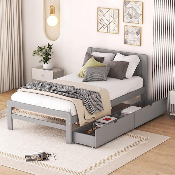 Dakota Gray Wood Frame Twin Size Modern Platform Bed with Headboard, Drawers, Solid Wood