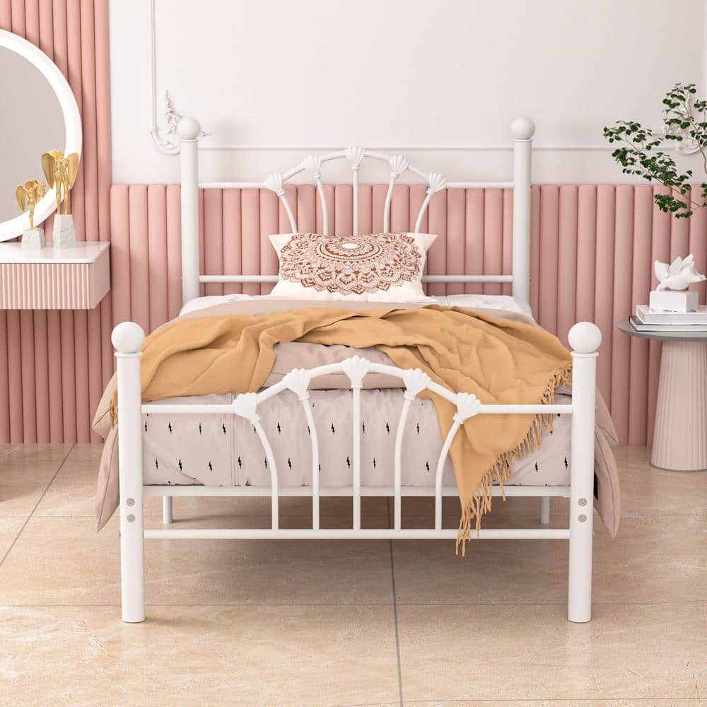 Twin Metal Bed Frame with Shell Headboard, Heavy Duty Slats, 12.6" Storage, No Box Spring Needed Platform Bed White