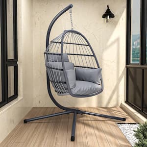Metal Patio Swing Patio Foldable Hanging Swing Chair with Stand in Gray Color