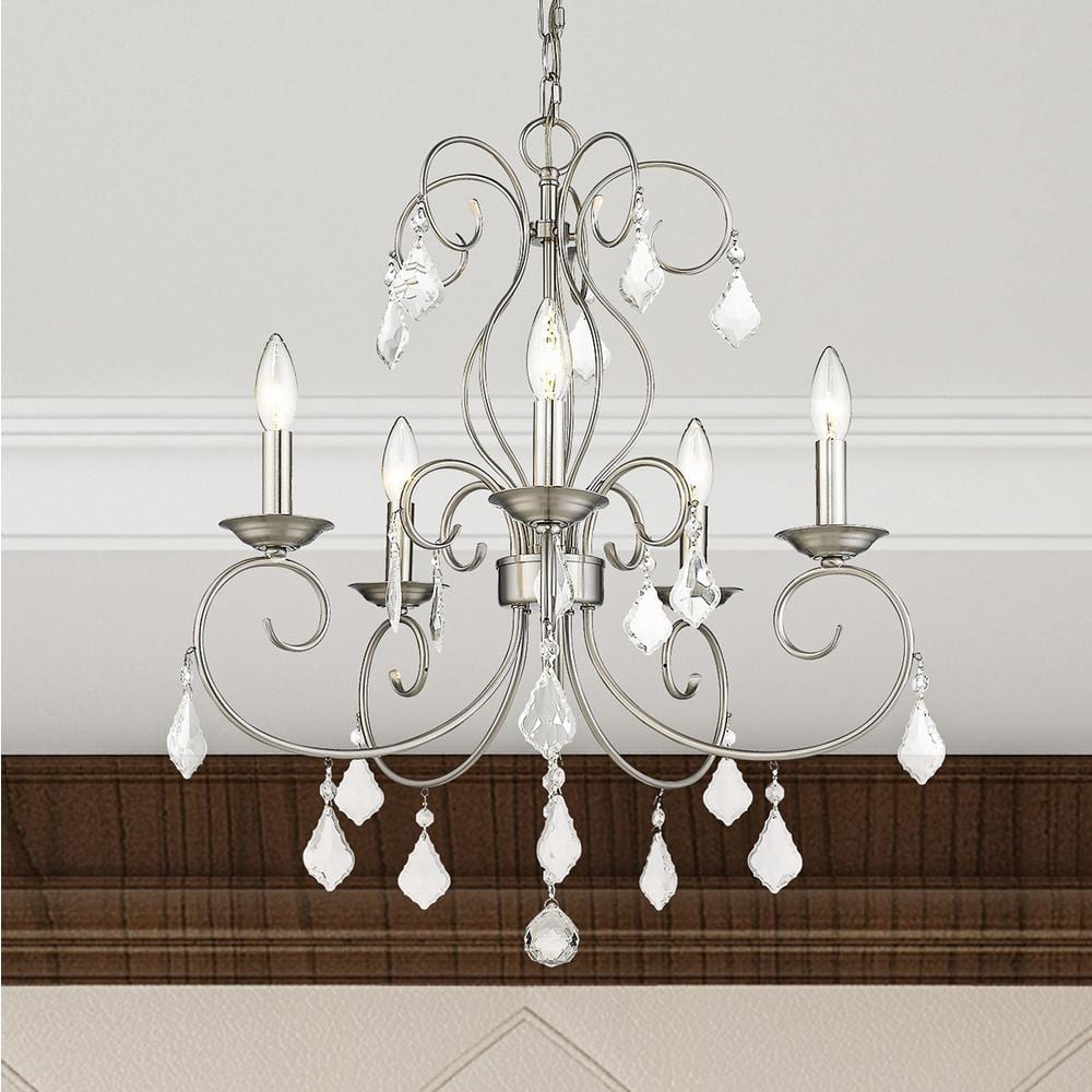 Mini Elegance 5-Light Brushed Nickel Chandelier with Clear Crystal Drops