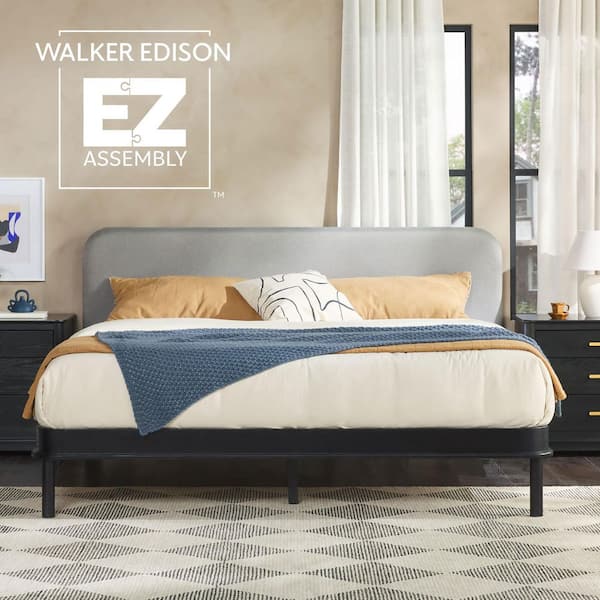 Walker Edison Furniture Company Contemporary Black and Grey Solid Wood Frame King Platform Bed with Elegant Curved Upholstered Headboard