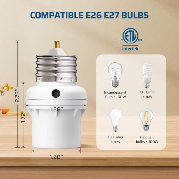 100-Watt E26/E27 LED/INC/CFL/Halogen Dusk to Dawn Light Control Sensor Socket 360-Degree Sensor Rotation, White (2-Pack)