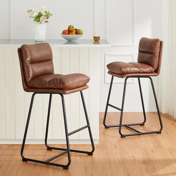 Hausfame 38 in. Brown Low Back Metal Frame Swivel Bar Stool with Round  Leather Seat (Set of 2) HUSF-SBS1006BN-30 - The Home Depot