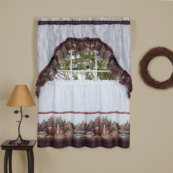 ACHIM Sheer Woodlands Brown Printed Tier and Swag Window Curtain Set - 57 in. W x 36 in. L