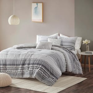 Charlie 5-Piece Grey Stripes and Plaids Cotton Jacquard Full/Queen Comforter Set