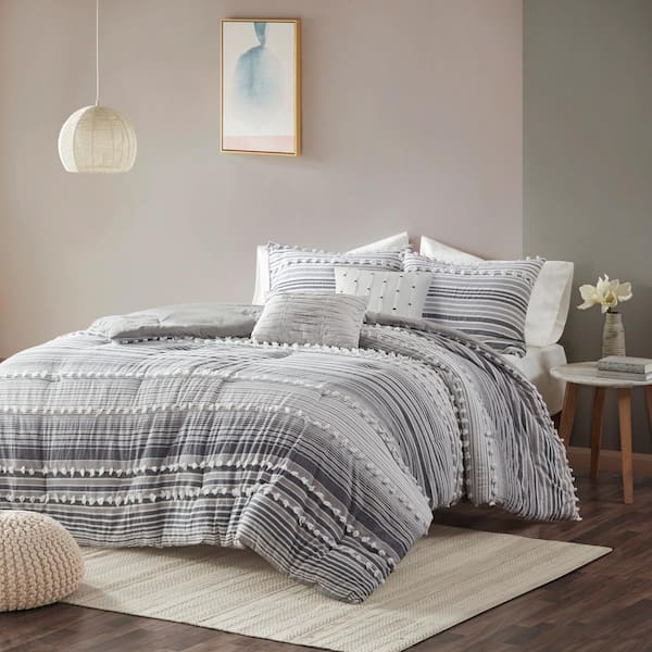 Urban Habitat Charlie 5-Piece Grey Stripes and Plaids Cotton Jacquard King/California King Comforter Set