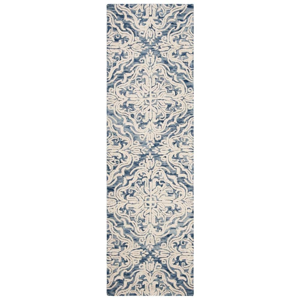 Blossom Blue and Ivory Floral Wool Runner Rug