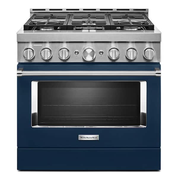 KitchenAid 36 in. 5.1 cu. ft. Smart Commercial-Style Gas Range with Self-Cleaning and True Convection in Ink Blue