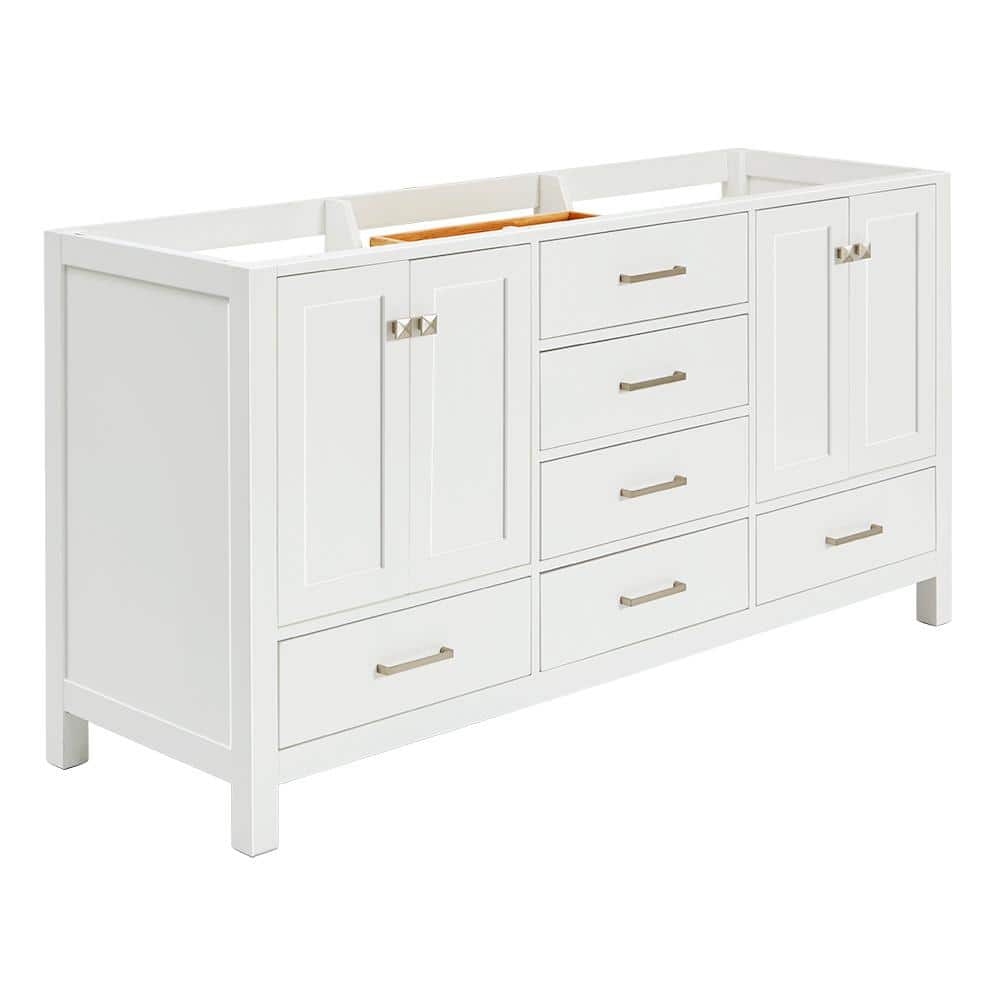 Cambridge 66" White Double Freestanding Vanity Cabinet with Brushed Nickel Hardware