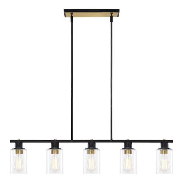 5 Light Black and Gold Modern Island Pendant Light Fixtures, Linear Chandelier Hanging Light with Clear Glass Shade