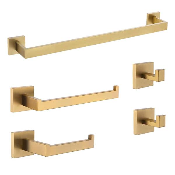 5-Piece Satin Brass Bathroom Accessories Set with 2 Towel Bar 2 Towel Hook and 1Toilet Paper Holder