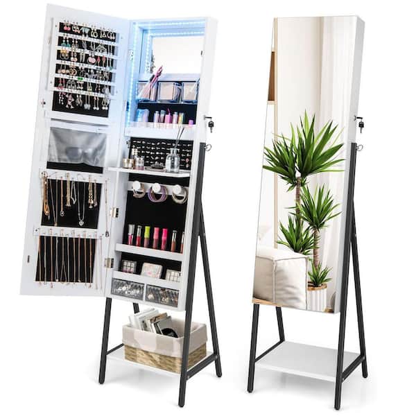 16 in. x 62 in. White Freestanding Lockable MDF Jewelry Armoire Storage Organizer Box with Full-Length Mirror