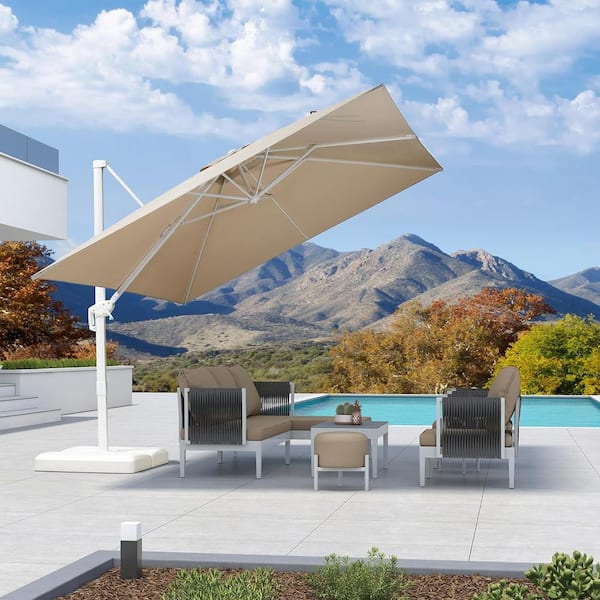 PURPLE LEAF 10 ft. Square Outdoor Patio Cantilever Umbrella White Aluminum Offset 360° Rotation Umbrella with Base, Beige