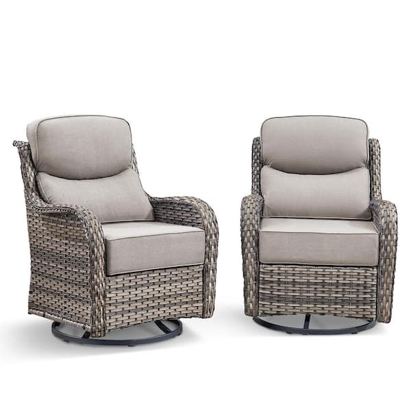 2-Piece Gray PE Wicker Paito Outdoor Rocking Chair Swivel with 6 in. Olefin Beige Cushions