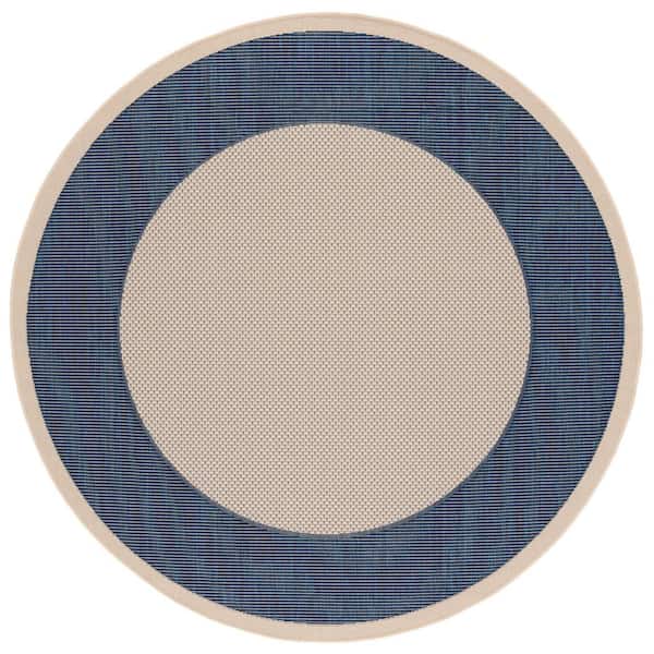 Courtyard Beige/Navy 8 ft. x 8 ft. Border Solid Color Indoor/Outdoor Round Area Rug