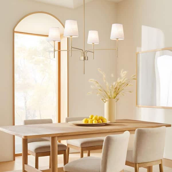 TinHon Modern 4-Light Gold Chandelier with White Linen Shades