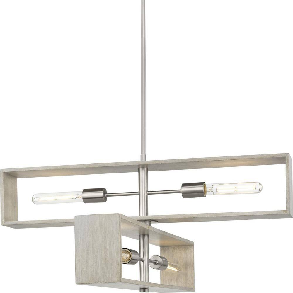 Boundary 4-Light Brushed Nickel and Oak Geometric Chandelier
