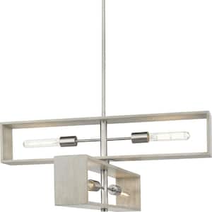 Boundary 30 in. 4-Light Brushed Nickel Contemporary Chandelier with Grey Wash Oak Accents for Dining Room and Great Room