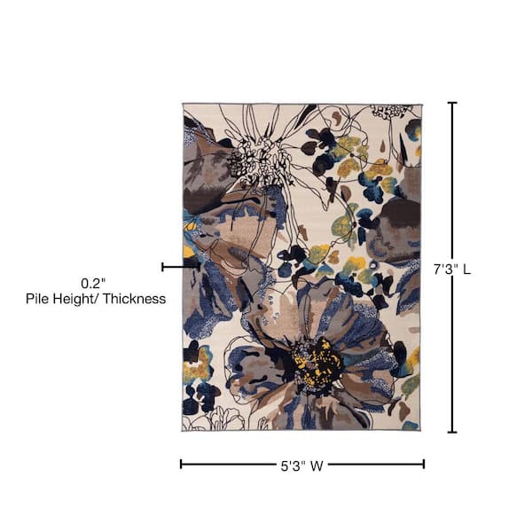 Contemporary Bright Flowers Non-Slip (Non-Skid) Cream 5 ft. 3 in. x 7 ft. 3 in. Indoor Area Rug