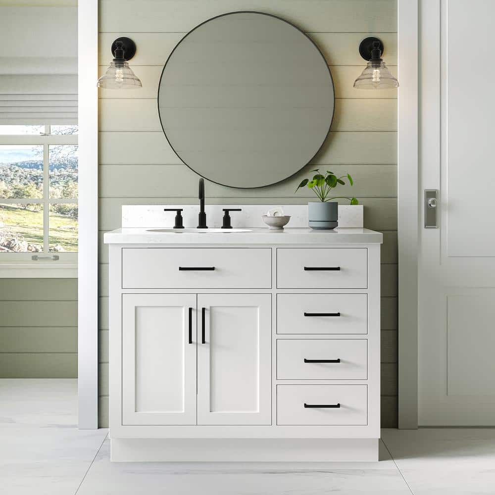 Sidmouth 42'' Solid Wood Single Bathroom Vanity with 1.5'' Carrara Quartz Top, Left Offset Oval Sink