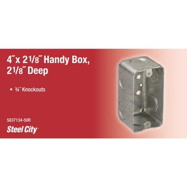 4 in. 2 1/8 in. 2 1/8 in. 14.5 cu. in. New Work Handy/Utility Metal Electrical Box 3/4 in. KO's 1-Gang (5837134-50R)