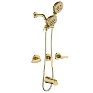 Triple Handle 5-Spray Wall Mount Tub and Shower Faucet 1.8 GPM 2-in-1 Shower Faucet Set in Brushed Gold Valve Included