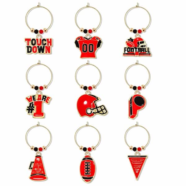 Set of 9 Football Wine Glass Charms Game Day Drink Identifiers with Football Helmet and Touchdown Designs
