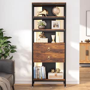 Kaduna 27.56 in. Wide Rustic Brown Wood 5-Shelf Free Standing Bookcase with Adjustable LED Light and 2-Drawers