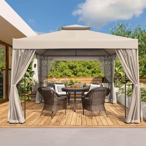 10 ft. x 10 ft. Beige Double Roof Soft Top Outdoor Gazebo with Zippered Netting,Built-In Ceiling Hook,and Corner Shelves