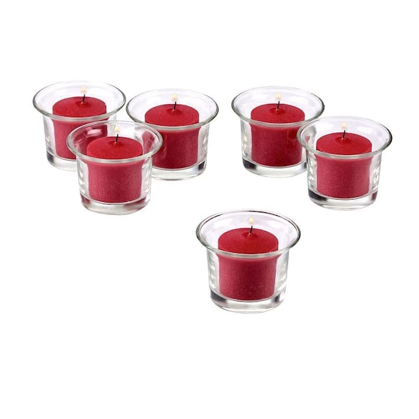 Light In The Dark Clear Glass Flower Pot Votive Candle Holders with Red Votive Candles (Set of 12)