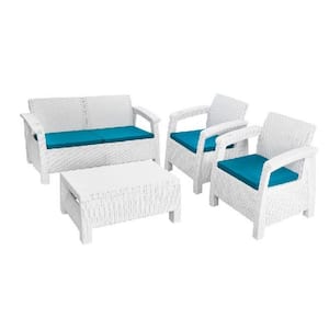 Ferrara White 4-Piece Resin Outdoor Love Seat Patio Conversation Set with Turquoise Cushions