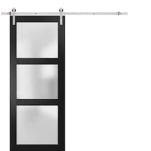 2552 18 in. x 84 in. 3 Panel Frosted Black Matte Finished Solid Wood Sliding Barn Door with Hardware Kit