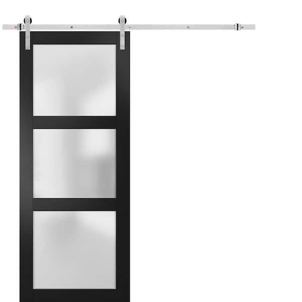 Sartodoors 2552 36 in. x 80 in. 3 Panel Frosted Black Matte Finished Solid Wood Sliding Barn Door with Hardware Kit