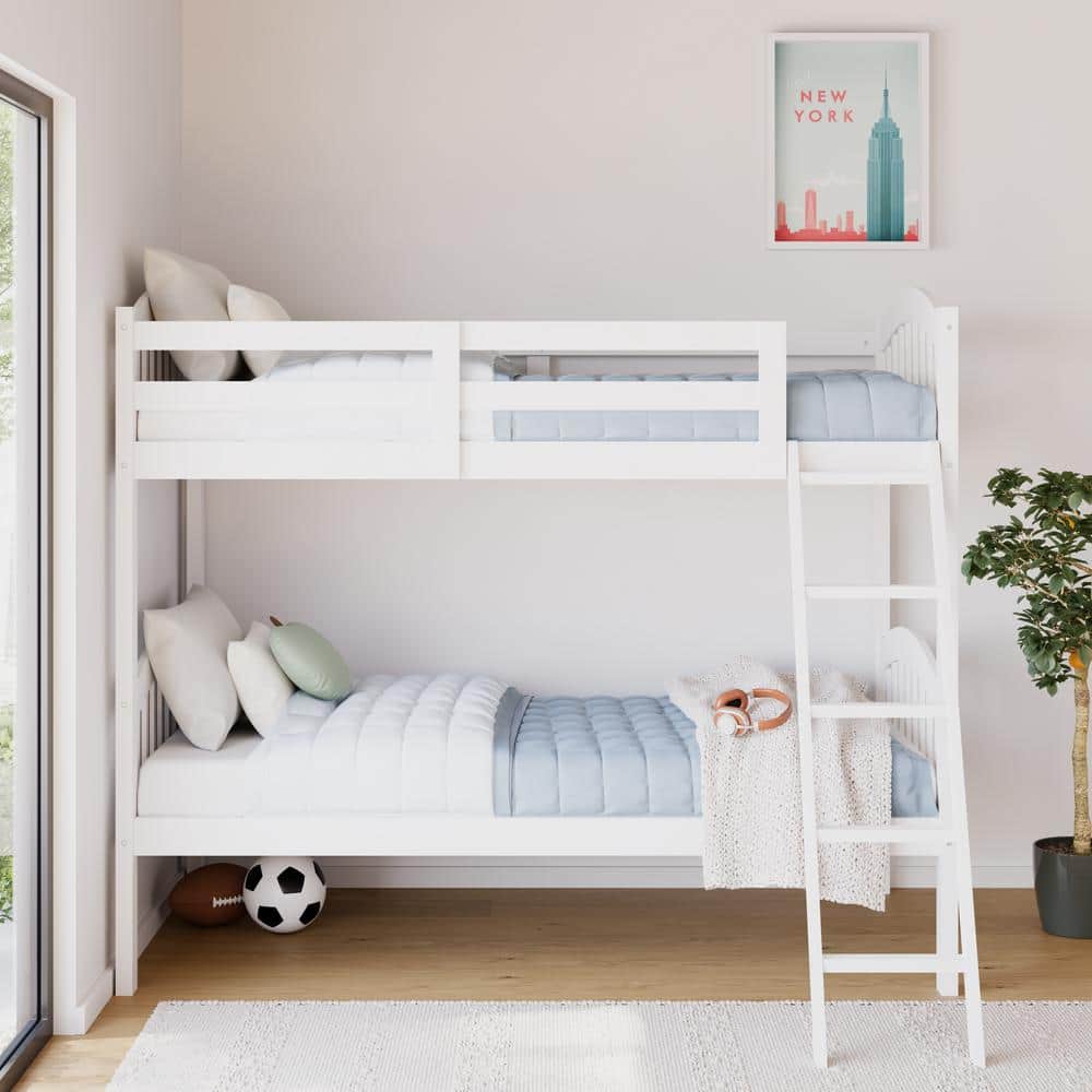 White Twin Mission Wood Bunk Bed with Headboard and Slats