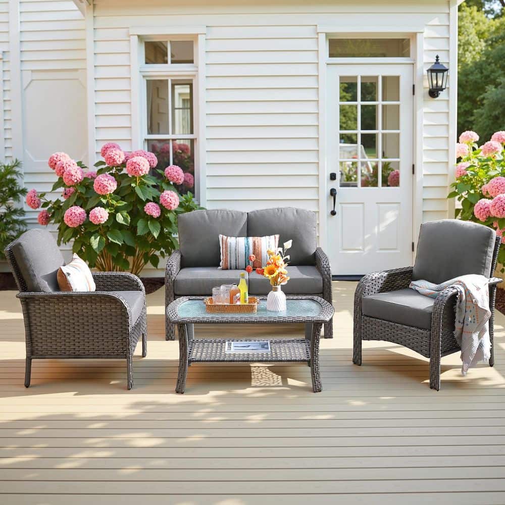 Ada Gray 4-Piece Wicker Outdoor Lounge Patio Chair Loveseat Chat Set with a Coffee Table and Dark Gray Cushions price history on PriceWatchPro