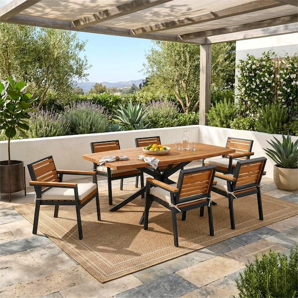 Beige 7-Piece Acacia Wood Outdoor Dining Set with Iron Frame, 6-Chairs with Removable Cushions, Rectangular Table for