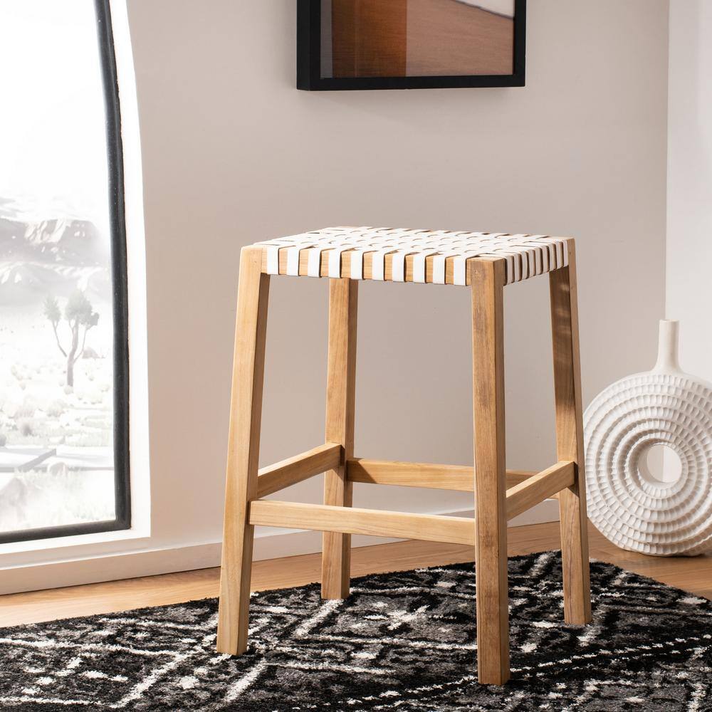 Natural Teak and White Leather Backless Counter Stool