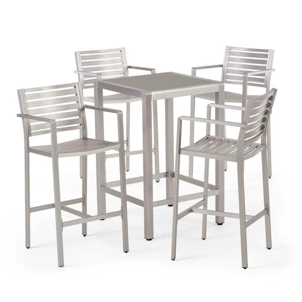 Noble House Cape Coral Silver 5-Piece Metal Outdoor Bar Height Bistro Set