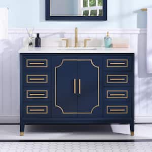 48 in. Solid Wood Bath Vanity in Navy Blue, Carrara White Quartz Top with Sink, Soft-Close Door, Drawers