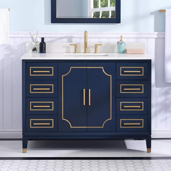ANGELES HOME 48 in. W x 22 in. D x 35 in. H Solid Wood Bathroom Vanity in Navy Blue with Gold Trim, Quartz Top with Single Sink