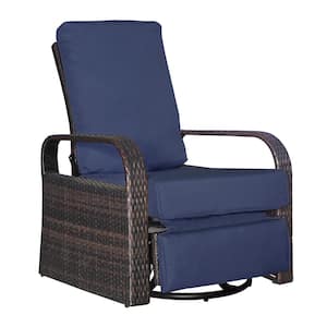 Brown Wicker Fabric Aluminum Outdoor Chaise Lounge with Navy Blue Cushions, Adjustable Lounging Positions