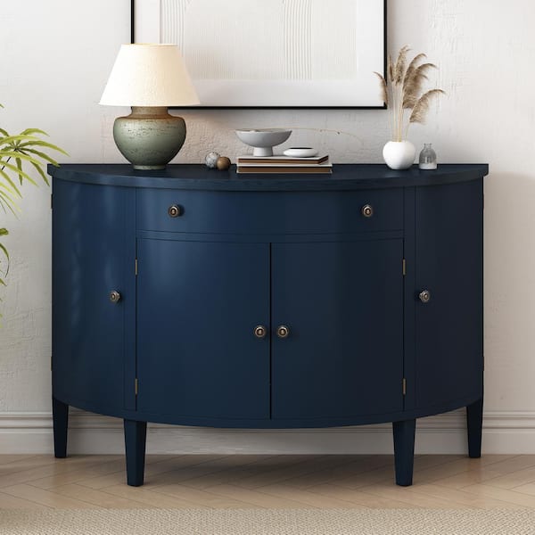 Harper & Bright Designs Curved Design Navy Blue Fir Veneer and MDF 47.2 in. Sideboard with Drawer, Adjustable Shelves and Copper Handles