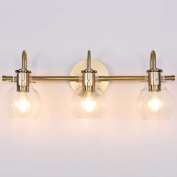 JUSHENG 22.04 in. 3-Light Brass Bathroom Vanity Light with Clear Glass Shades