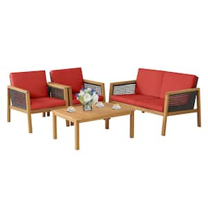 4-Piece Patio Rattan Furniture Set Acacia Wood Cushioned Sofa Red