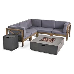 Culatra Grey 7-Piece Wood Patio Fire Pit Sectional Seating Set with Dark Grey Cushions