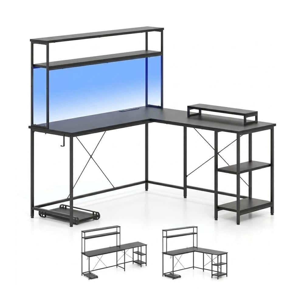 L Shaped Reversible Gaming Desk with LED Strip 4 AC 2 USB Type C Hutch Monitor Stand CPU Stand Hook Shelves