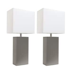 21 in. Modern Gray Leather Table Lamps with White Fabric Shades (2-Pack)